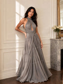 Elegant High-Neck Ruched Cut-Out Flowing Maxi Dress