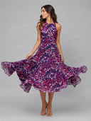 Elegant Abstract Print Halter Tiered Maxi Dress
