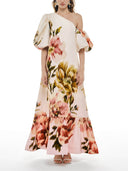 Exquisite Floral Print One Shoulder Puff Sleeve Maxi Dress