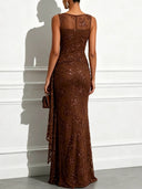 Elegant Floral Embroidered Mesh Ruched Maxi Dress