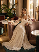 Elegant Off-Shoulder Puff Sleeve High-Slit Flowing Maxi Dress
