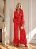 Elegant Feather Trim Jacquard Wrap Blouse & Pants Two-Piece Set