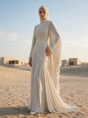Elegant Pleated High-Neck Cape Sleeve Chiffon Maxi Dress
