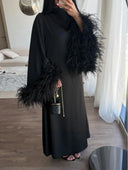 Elegant Feather-Trim Batwing Sleeve Maxi Dress