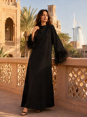 Elegant Feather-Trim Batwing Sleeve Maxi Dress