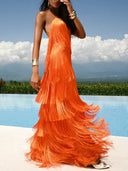 Elegant One-Shoulder Backless Tiered Fringe Maxi Dress