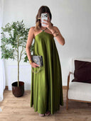 Elegant Beaded Halter Neck Flowy Maxi Dress