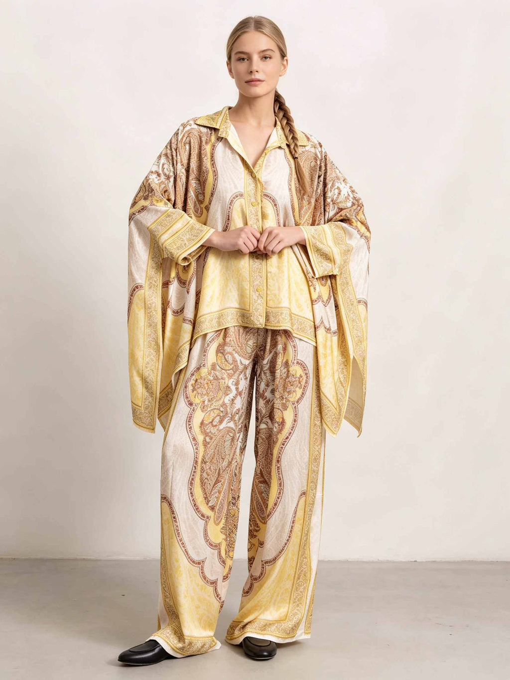 Retro Paisley Print Satin Loose Shirt Two-Piece Set