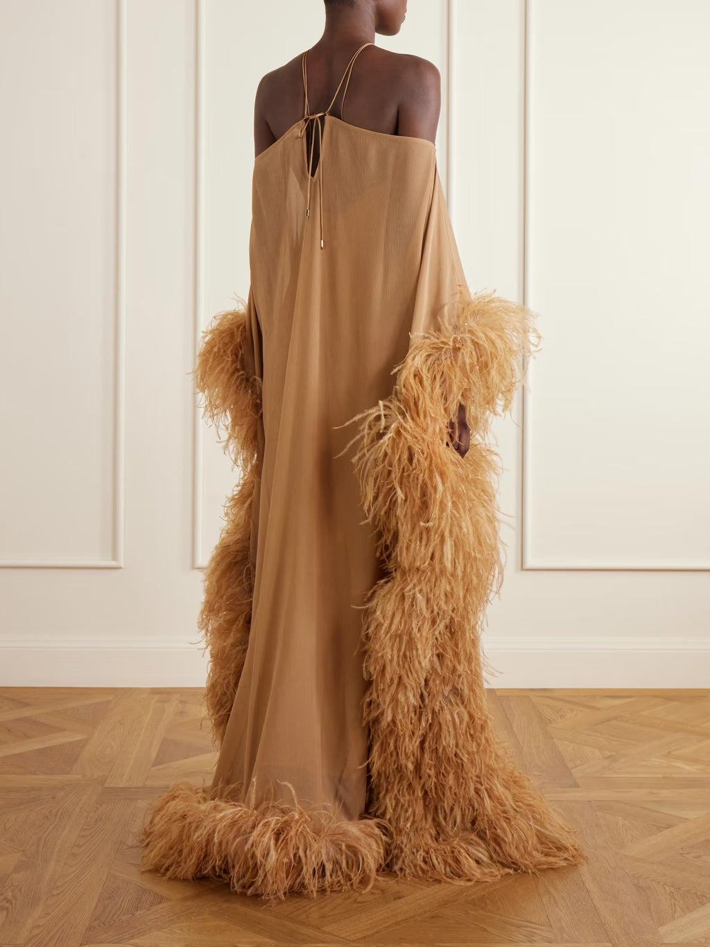 Elegant Halter Off-Shoulder Feather-Trim Maxi Evening Dress