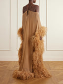 Elegant Halter Off-Shoulder Feather-Trim Maxi Evening Dress