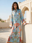 Azure Dream Printed Tie Neck Maxi Dress