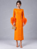 Elegant Feather Cuff Long Sleeve Maxi Dress