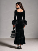 Velvet Faux Fur Cuff Square Neck Midi Dress