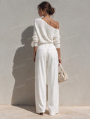 Off Shoulder Knit Top & Wide Leg Pants Set