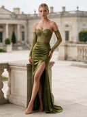 Elegant Satin Off-Shoulder Lace Corset Maxi Dress
