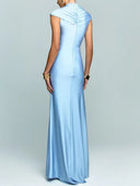 Elegant High-Neck Cap Sleeve Ruched Satin Maxi Dress