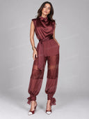 Elegant Satin Mock Neck Top & Lace Panel Jogger Pants Set