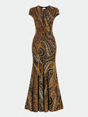 Retro Paisley Print Short Sleeve Mermaid Maxi Dress