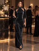 Velvet High Neck Cutout Cape Sleeve Maxi Dress