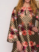 Floral Check Print Bell Sleeve Maxi Dress