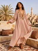 Casual Floral Embroidered Deep V Neck Puff Sleeve Maxi Dress
