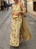 Elegant Botanical Print Sleeveless Midi Dress Two-Piece Set