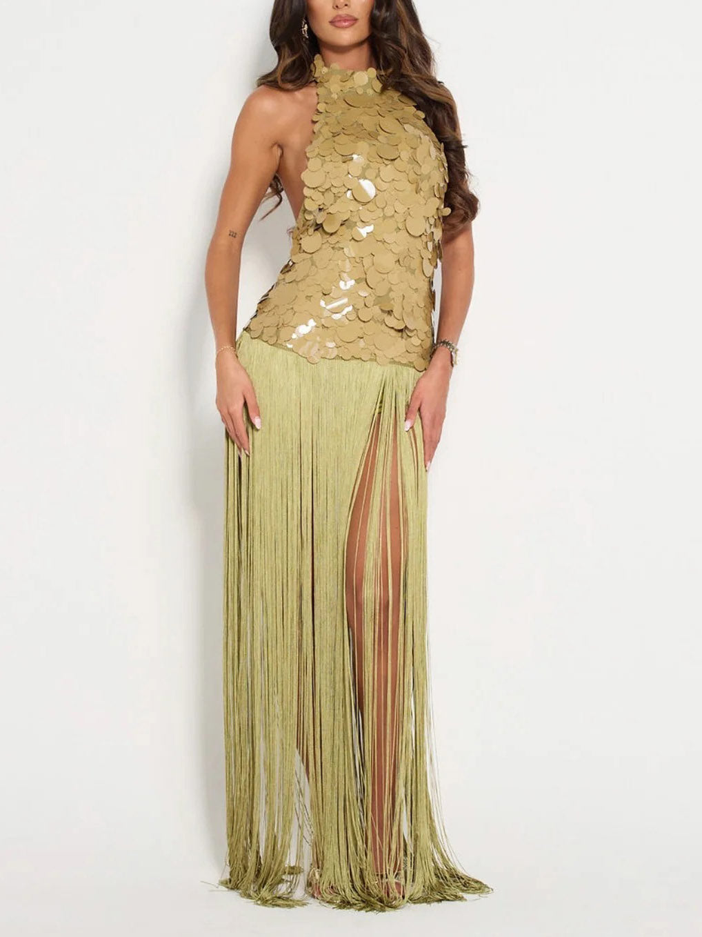 Elegant Sequin Backless Sleeveless Fringe Maxi Dress