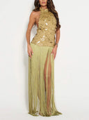 Elegant Sequin Backless Sleeveless Fringe Maxi Dress