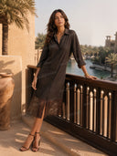 Minimalist Lace Panel Shirt Midi Dress