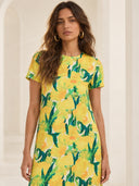 Lemon Blossom Print Feather Hem Midi Dress