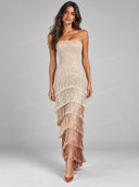 Strapless Metallic Fringe Maxi Dress