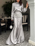 Elegant Satin Mock Neck Top & Mermaid Maxi Skirt Two-Piece Set