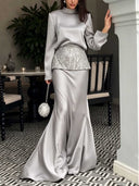 Elegant Satin Mock Neck Top & Mermaid Maxi Skirt Two-Piece Set