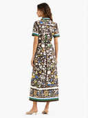 Unique Retro Moroccan Print Belted Linen Midi Dress