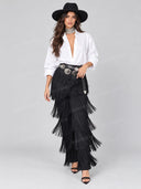 Casual Shirt & Layered Fringe Wide Leg Pants Two Piece Set