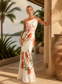 Elegant One-Shoulder Floral Print Satin Maxi Dress