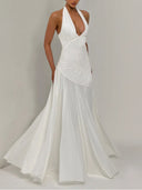 Elegant Halter Neck Ruched Pleated Maxi Dress