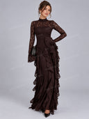 Elegant High Neck Lace Ruffle Maxi Dress