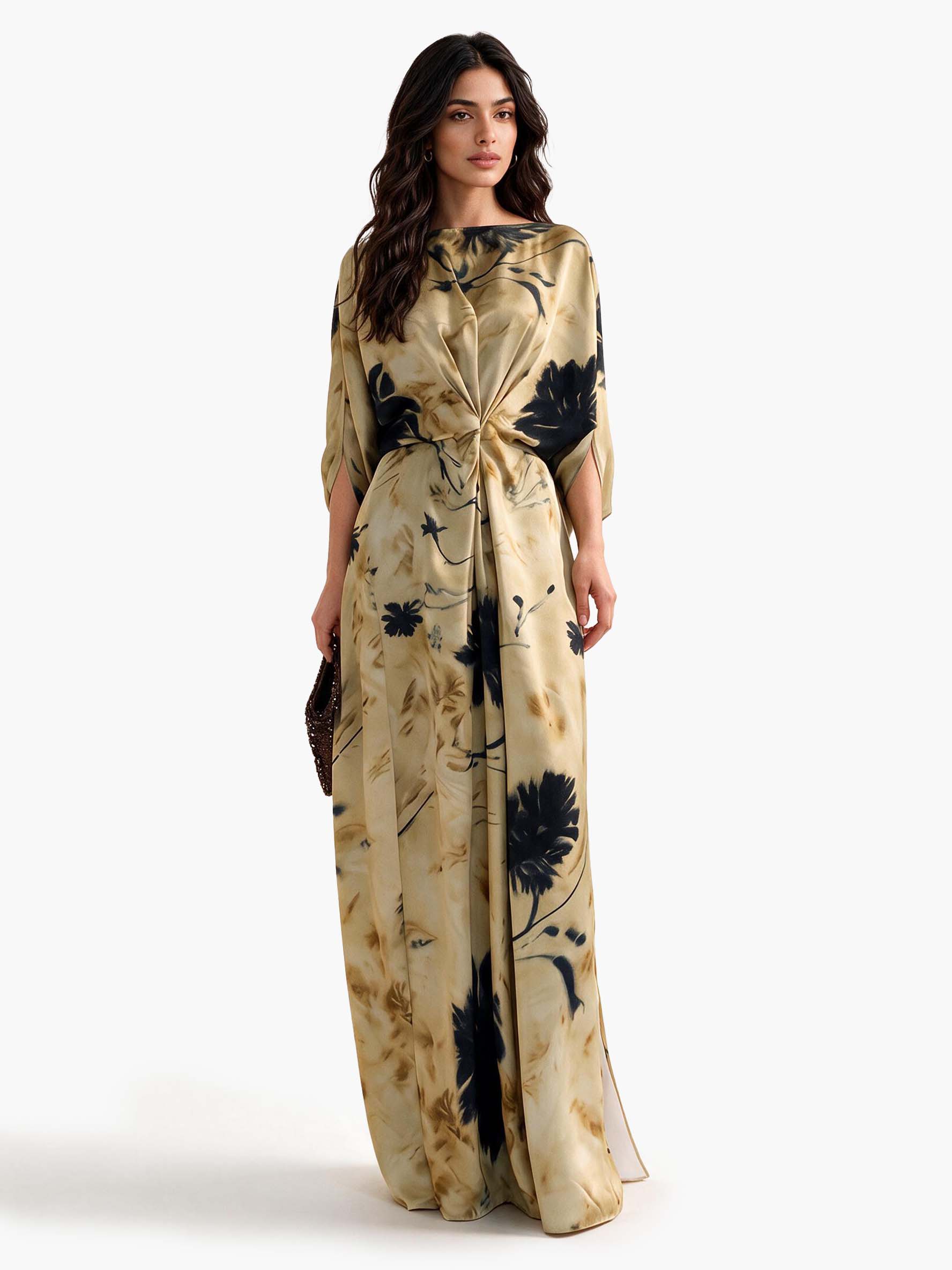 Elegant Watercolor Twist-Front Maxi Dress