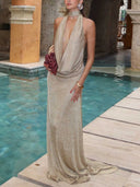 Sexy Metallic Halter Plunge Neck Draped Maxi Dress
