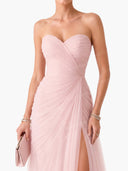 Elegant Pink Strapless Pleated Tulle Maxi Dress