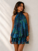 Boho Printed Halter Neck Bubble Mini Dress