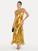 Exquisite Party Tips Sequin Irregular Round Tassels Hem Back Cutout Tank Maxi Dress