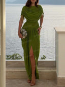 Elegant Draped Neck Ruched Split Maxi Dress