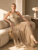Elegant Backless Knitted Tassel Maxi Dress