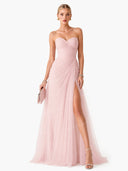 Elegant Pink Strapless Pleated Tulle Maxi Dress