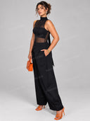 Elegant Sheer Mesh Bodysuit & Wide Leg Pants Two Piece Set