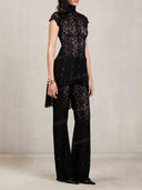 Sexy Floral Lace High Neck Tunic Top & Pants Two Piece Set
