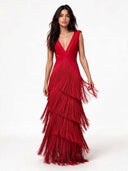 Elegant Deep V-Neck Tiered Fringe Sleeveless Maxi Dress