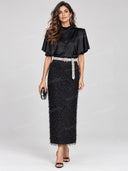 Elegant Mock Neck Top & Fuzzy Fringe Midi Skirt Two Piece Set